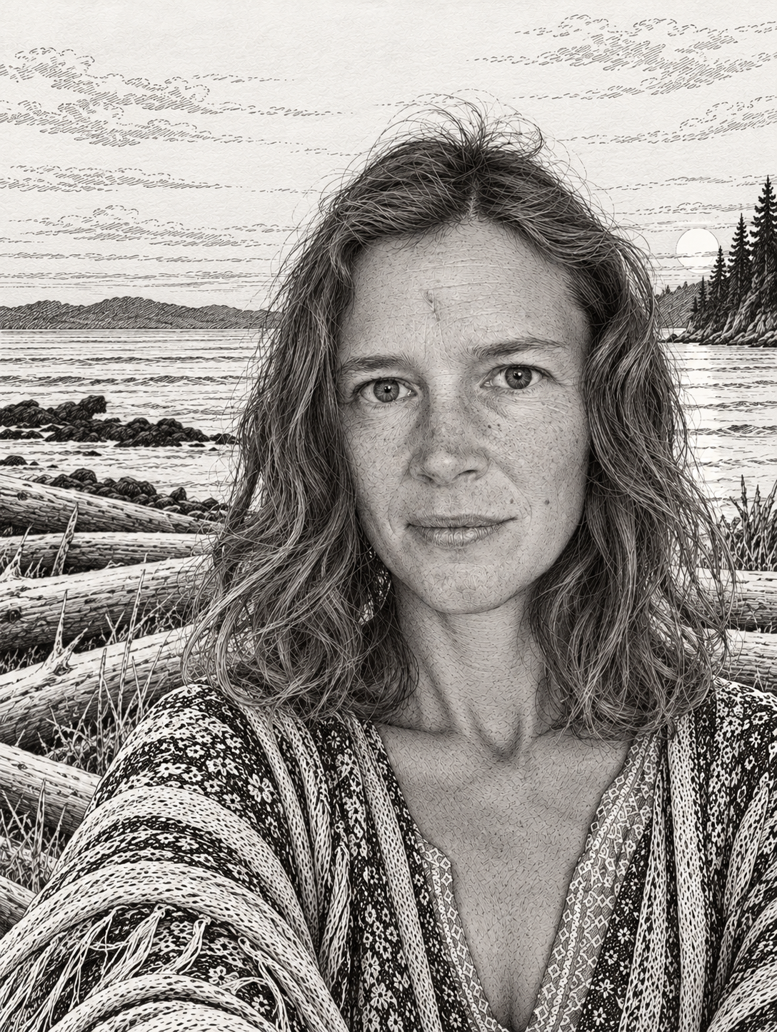 Engraved portrait of Crystal Poppy on the coast at dusk